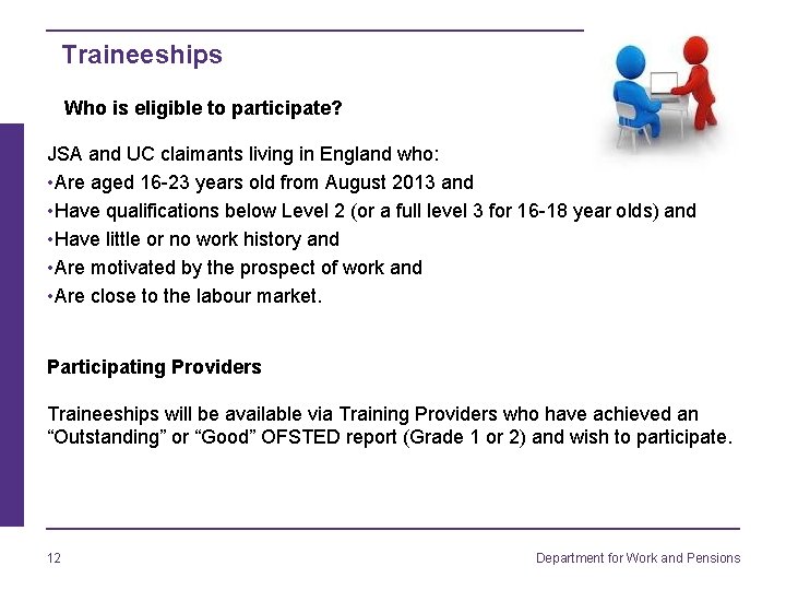 Traineeships Who is eligible to participate? JSA and UC claimants living in England who: