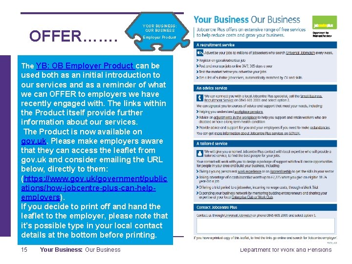 OFFER……. YOUR BUSINESS: OUR BUSINESS Employer Product The YB: OB Employer Product can be