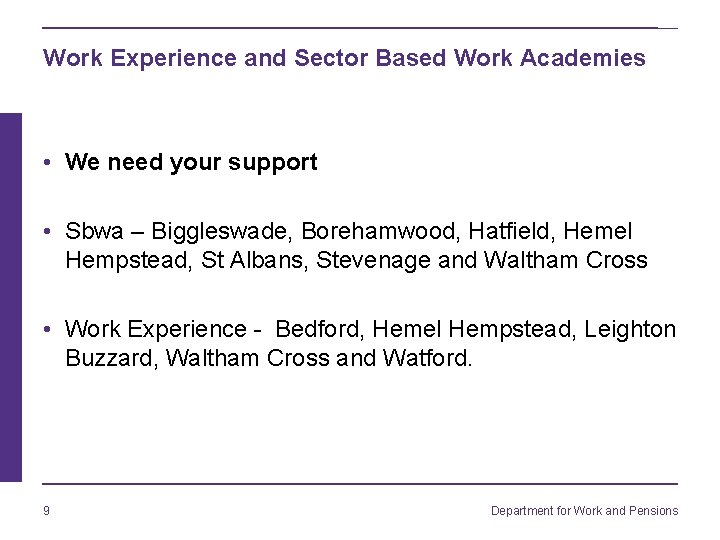 Work Experience and Sector Based Work Academies • We need your support • Sbwa