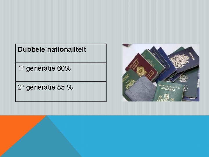 Dubbele nationaliteit 1 e generatie 60% 2 e generatie 85 % 