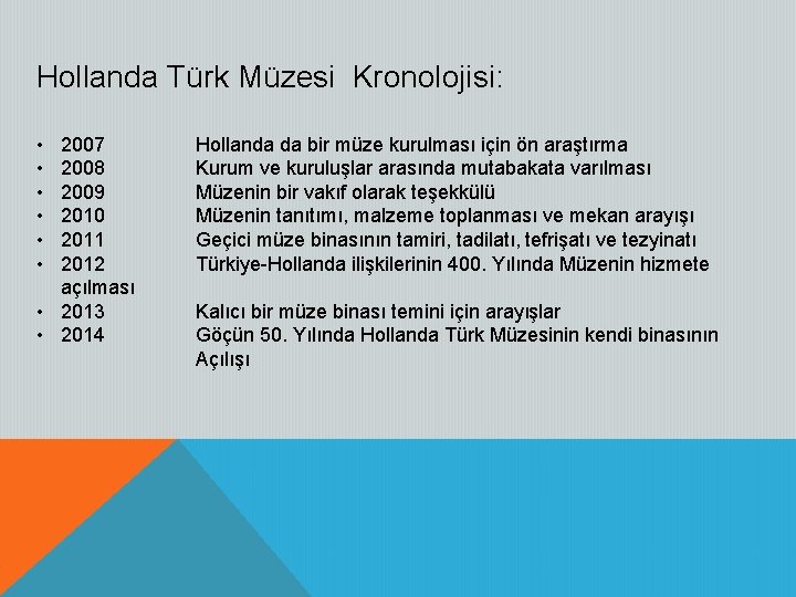 Hollanda Türk Müzesi Kronolojisi: • • • 2007 2008 2009 2010 2011 2012 açılması