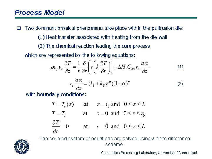 Process Model q Two dominant physical phenomena take place within the pultrusion die: (1)