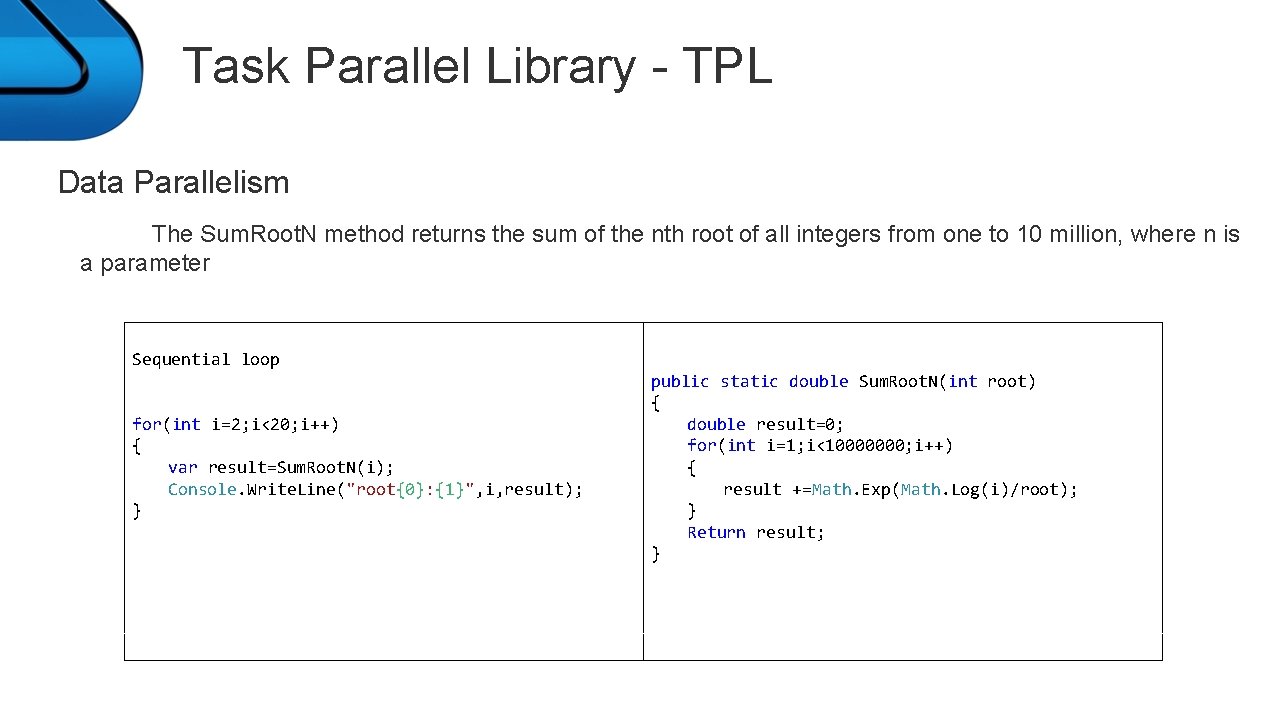 Task Parallel Library - TPL Data Parallelism The Sum. Root. N method returns the