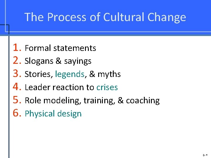 The Process of Cultural Change 1. Formal statements 2. Slogans & sayings 3. Stories,