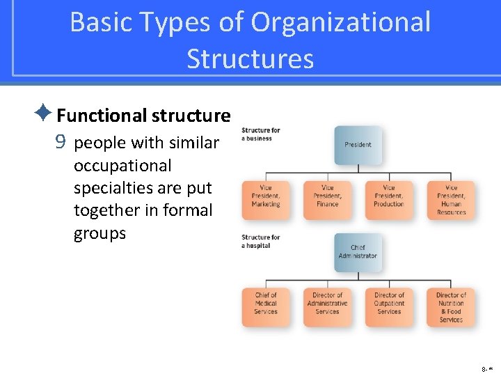 Basic Types of Organizational Structures ✦Functional structure 9 people with similar occupational specialties are