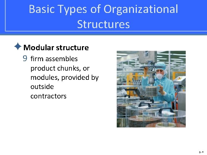 Basic Types of Organizational Structures ✦Modular structure 9 firm assembles product chunks, or modules,