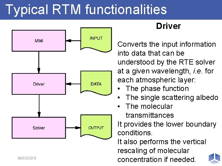 Typical RTM functionalities Driver 06/03/2019 Converts the input information into data that can be