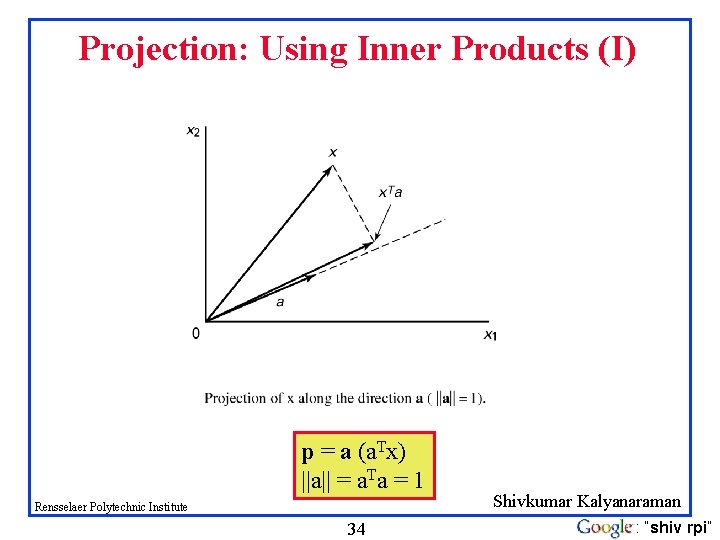 Projection: Using Inner Products (I) p = a (a. Tx) ||a|| = a. Ta Projection: Using Inner Products (I) p = a (a. Tx) ||a|| = a. Ta