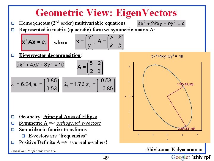 Geometric View: Eigen. Vectors q q Homogeneous (2 nd order) multivariable equations: Represented in