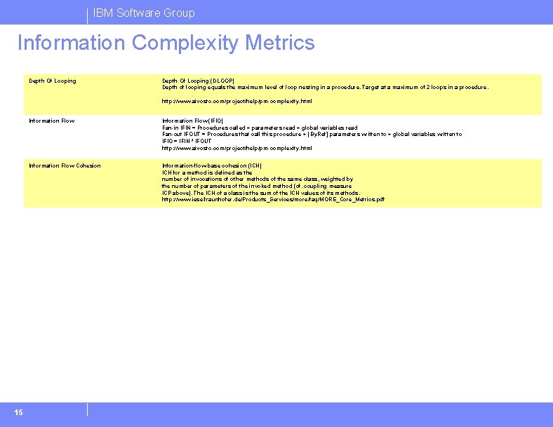 IBM Software Group Information Complexity Metrics Depth Of Looping (DLOOP) Depth of looping equals