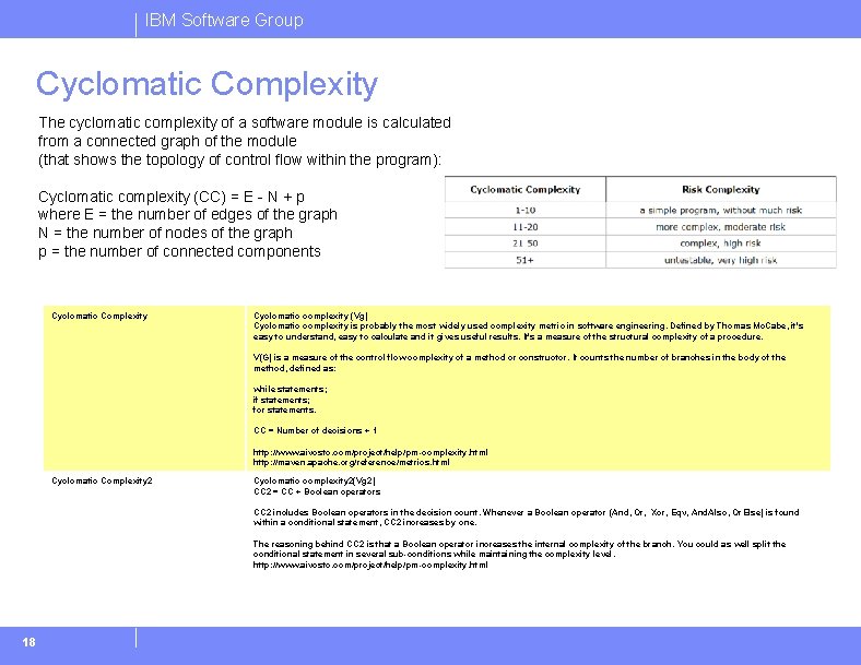 IBM Software Group Cyclomatic Complexity The cyclomatic complexity of a software module is calculated