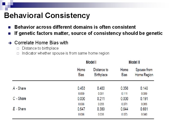 Behavioral Consistency Behavior across different domains is often consistent If genetic factors matter, source