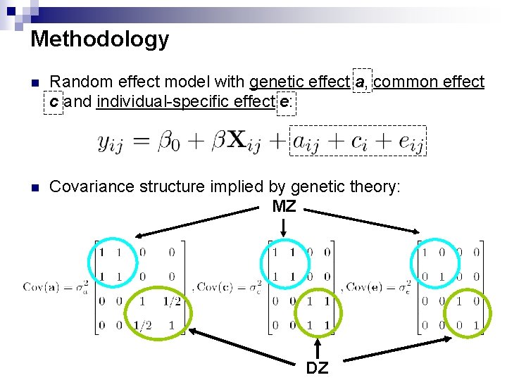 Methodology Random effect model with genetic effect a, common effect c and individual-specific effect