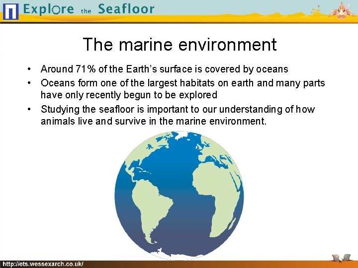 The marine environment • Around 71% of the Earth’s surface is covered by oceans