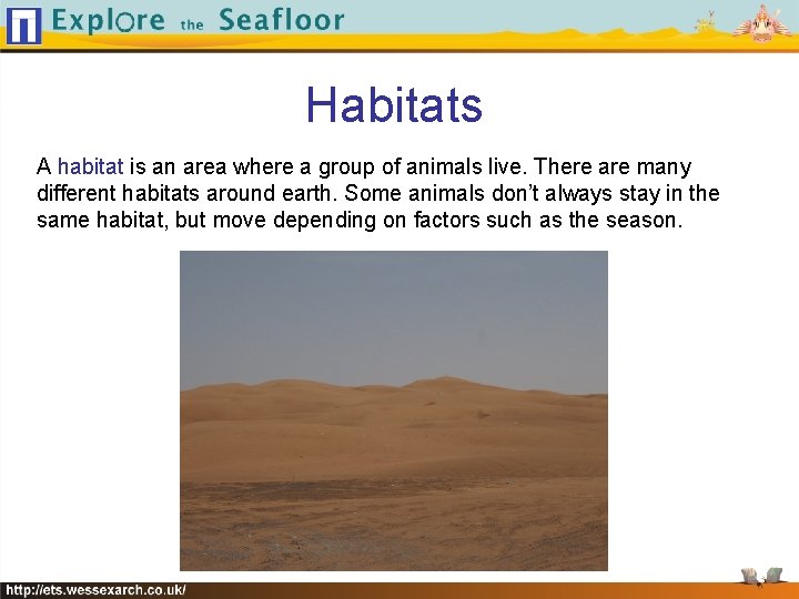 Habitats A habitat is an area where a group of animals live. There are