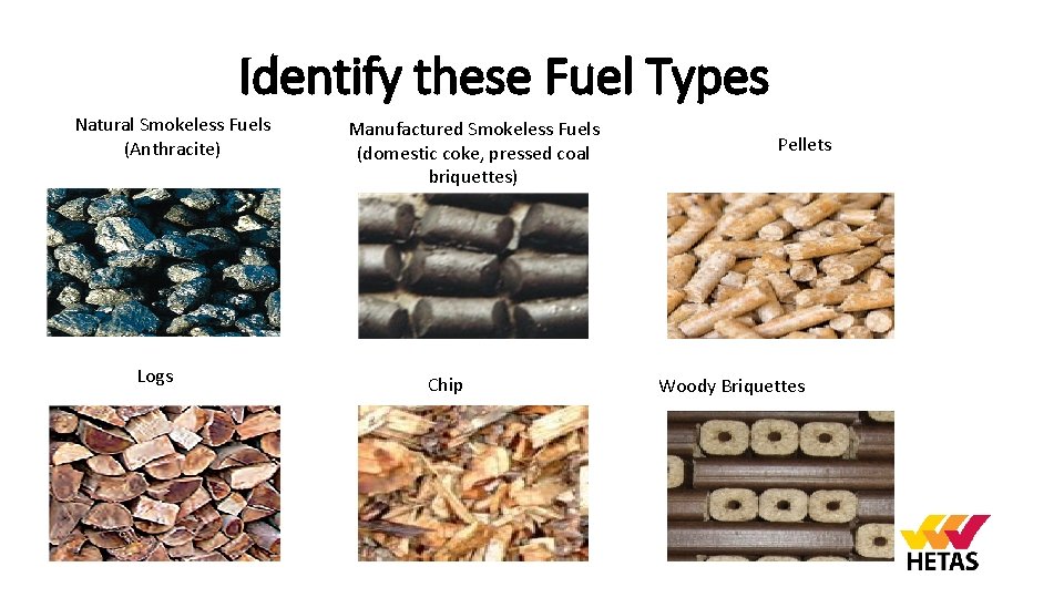Identify these Fuel Types Natural Smokeless Fuels (Anthracite) Logs Manufactured Smokeless Fuels (domestic coke,
