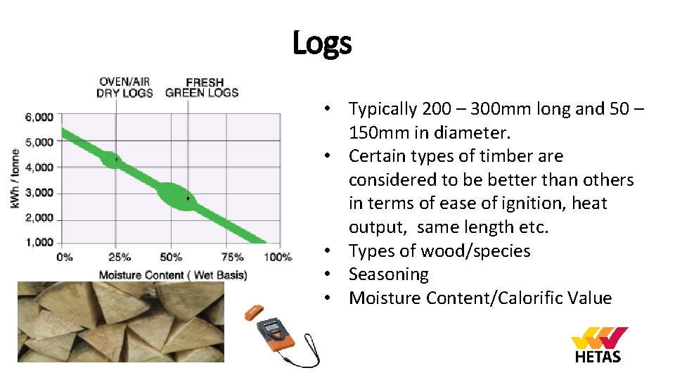 Logs • Typically 200 – 300 mm long and 50 – 150 mm in