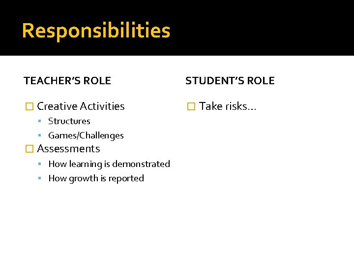 Responsibilities TEACHER’S ROLE STUDENT’S ROLE � Creative Activities � Take risks… Structures Games/Challenges �