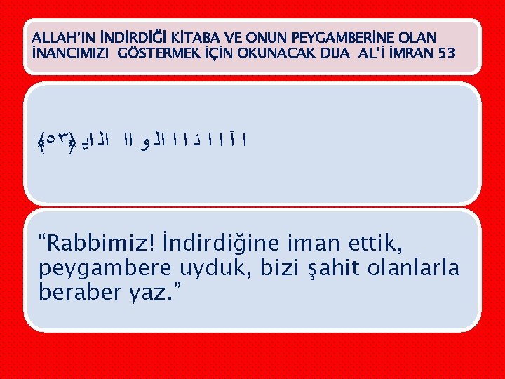 ALLAH’IN İNDİRDİĞİ KİTABA VE ONUN PEYGAMBERİNE OLAN İNANCIMIZI GÖSTERMEK İÇİN OKUNACAK DUA AL’İ İMRAN