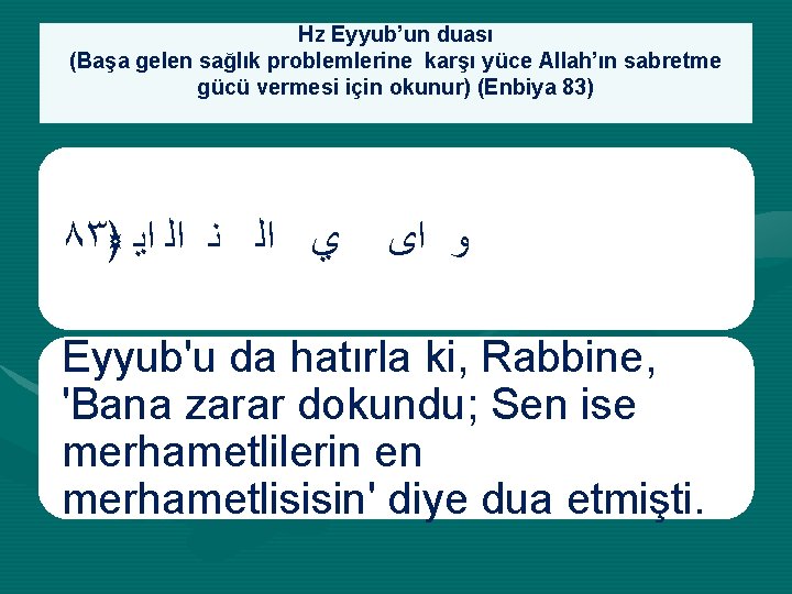 Hz Eyyub’un duası (Başa gelen sağlık problemlerine karşı yüce Allah’ın sabretme gücü vermesi için