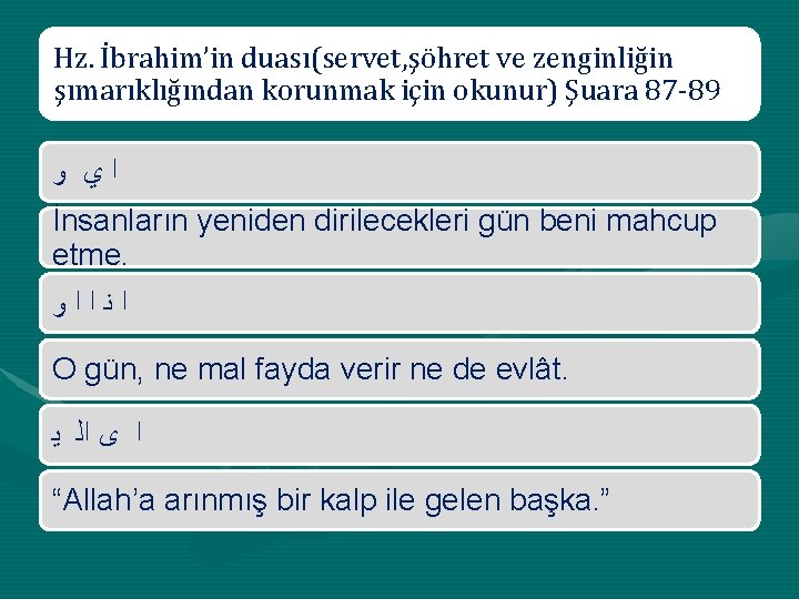 Hz. İbrahim’in duası(servet, şöhret ve zenginliğin şımarıklığından korunmak için okunur) Şuara 87 -89 ﻭ