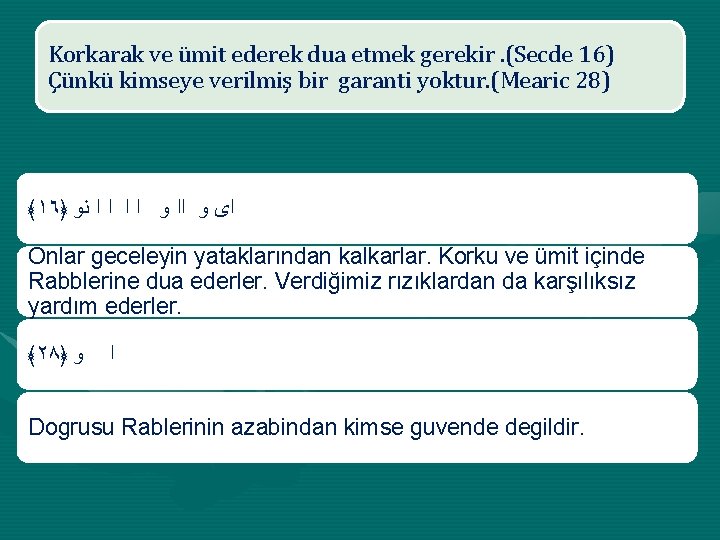 Korkarak ve ümit ederek dua etmek gerekir. (Secde 16) Çünkü kimseye verilmiş bir garanti