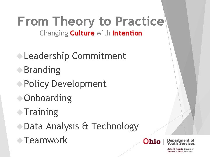 From Theory to Practice Changing Culture with Intention Leadership Commitment Branding Policy Development Onboarding