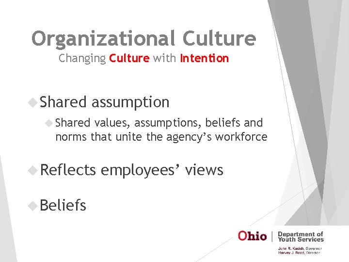Organizational Culture Changing Culture with Intention Shared assumption Shared values, assumptions, beliefs and norms
