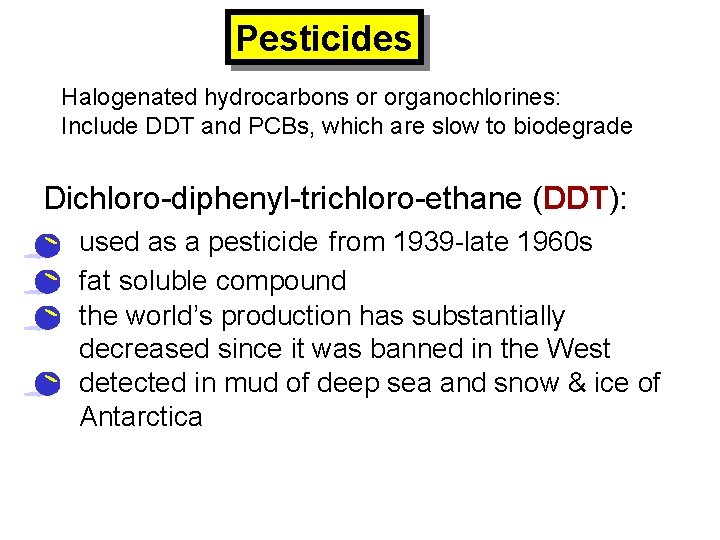 Pesticides Halogenated hydrocarbons or organochlorines: Include DDT and PCBs, which are slow to biodegrade