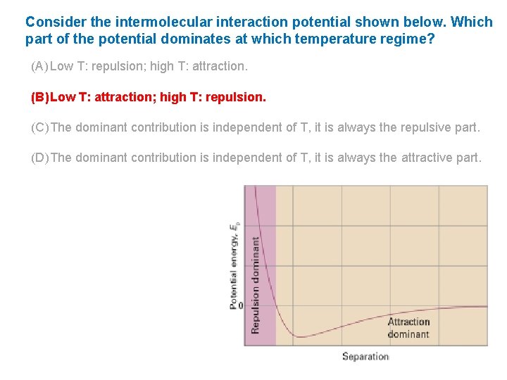 Consider the intermolecular interaction potential shown below. Which part of the potential dominates at