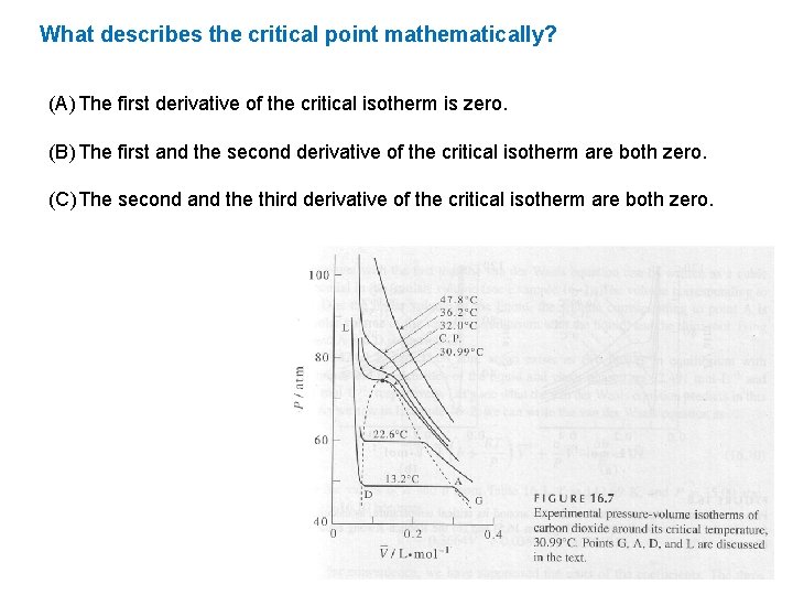 What describes the critical point mathematically? (A) The first derivative of the critical isotherm