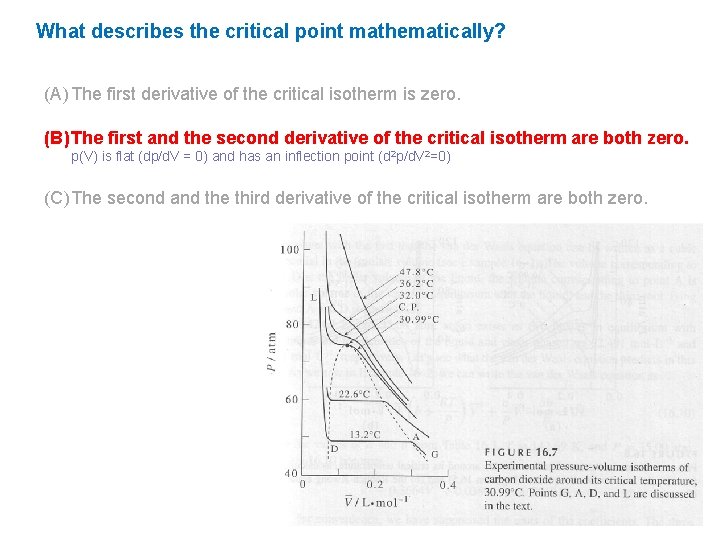 What describes the critical point mathematically? (A) The first derivative of the critical isotherm