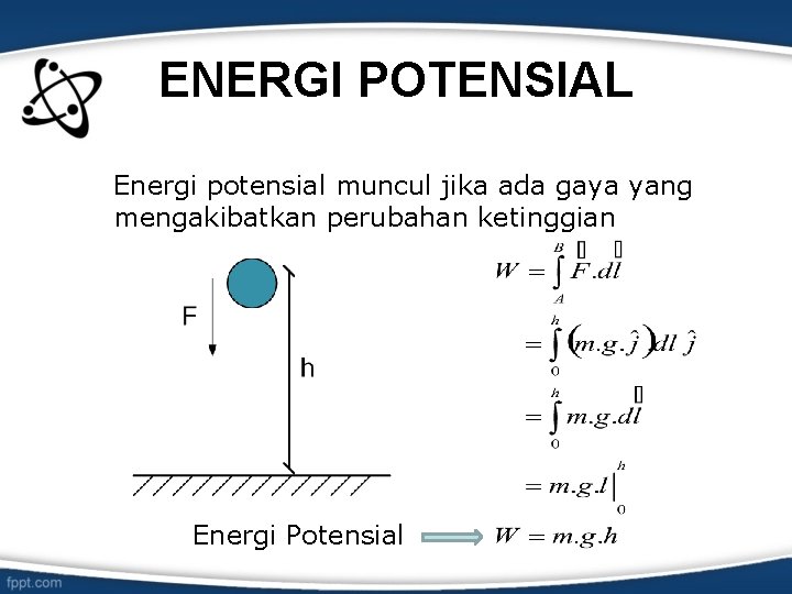 ENERGI POTENSIAL Energi potensial muncul jika ada gaya yang mengakibatkan perubahan ketinggian Energi Potensial