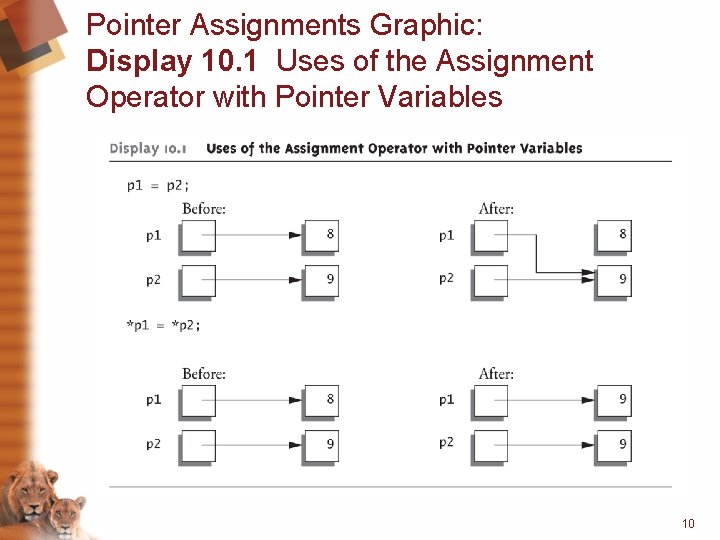 Pointer Assignments Graphic: Display 10. 1 Uses of the Assignment Operator with Pointer Variables
