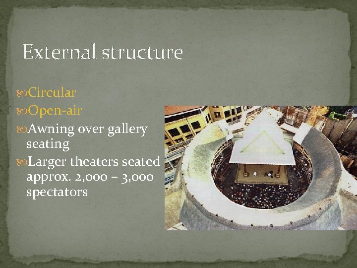 External structure Circular Open-air Awning over gallery seating Larger theaters seated approx. 2, 000 External structure Circular Open-air Awning over gallery seating Larger theaters seated approx. 2, 000