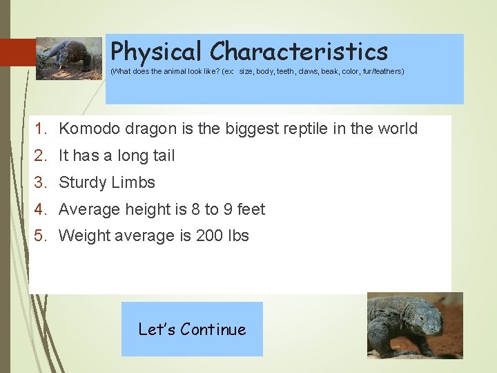 Physical Characteristics (What does the animal look like? (ex: size, body, teeth, claws, beak,