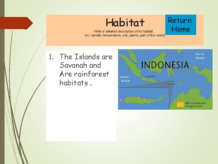 Habitat Write a detailed description of its habitat. (ex: rainfall, temperature, soil, plants, part