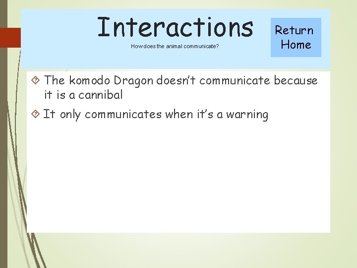 Interactions How does the animal communicate? Return Home The komodo Dragon doesn’t communicate because