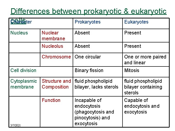 Differences between prokaryotic & eukaryotic cells Character Prokaryotes Eukaryotes Nucleus Nuclear membrane Absent Present