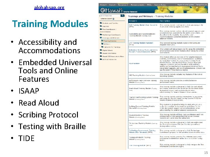 alohahsap. org Training Modules • Accessibility and Accommodations • Embedded Universal Tools and Online