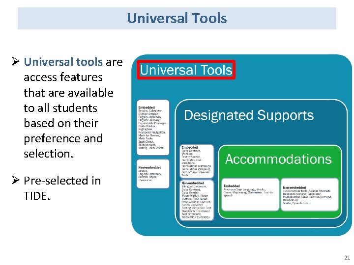 Universal Tools Ø Universal tools are access features that are available to all students