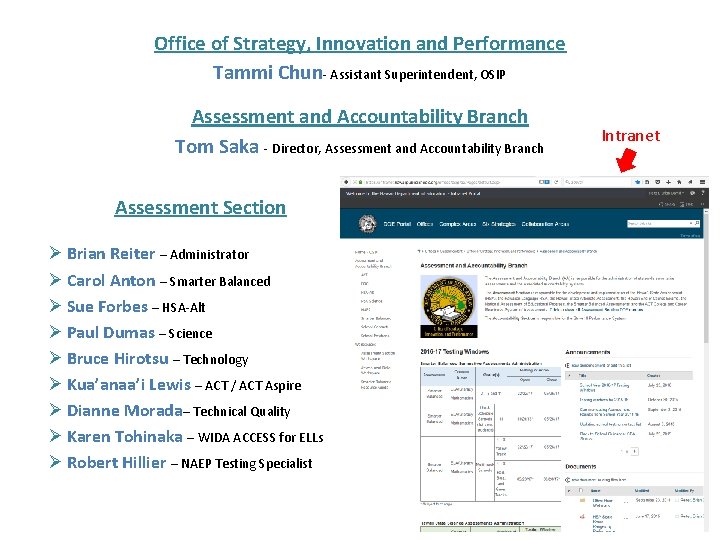 Office of Strategy, Innovation and Performance Tammi Chun- Assistant Superintendent, OSIP Assessment and Accountability