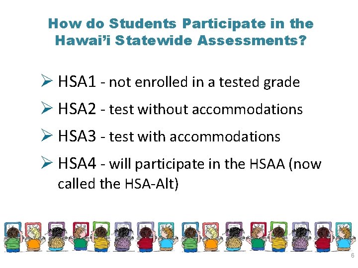 How do Students Participate in the Hawai’i Statewide Assessments? Ø HSA 1 - not