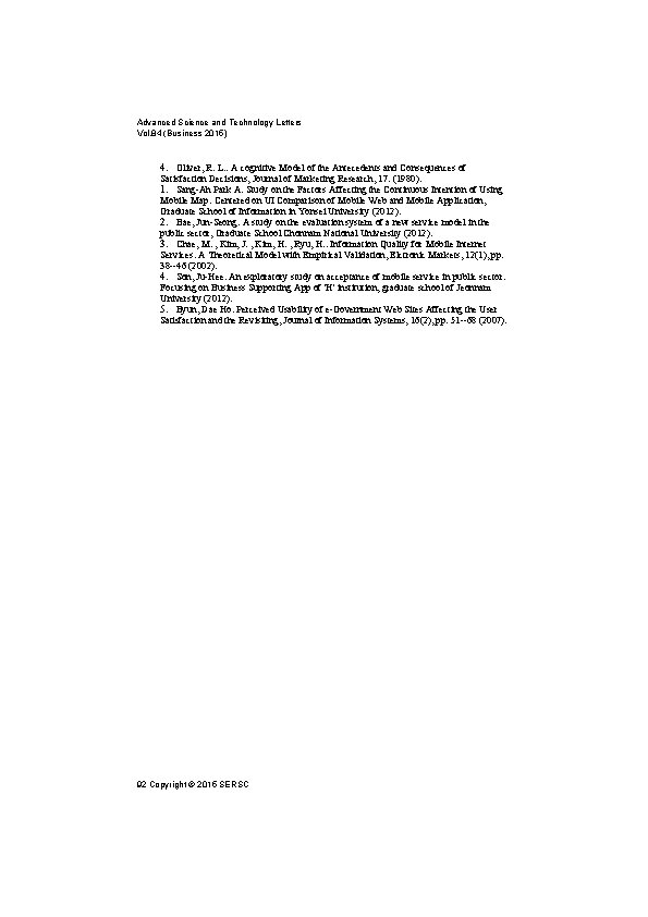 Advanced Science and Technology Letters Vol. 84 (Business 2015) 4. Oliver, R. L. : Advanced Science and Technology Letters Vol. 84 (Business 2015) 4. Oliver, R. L. :