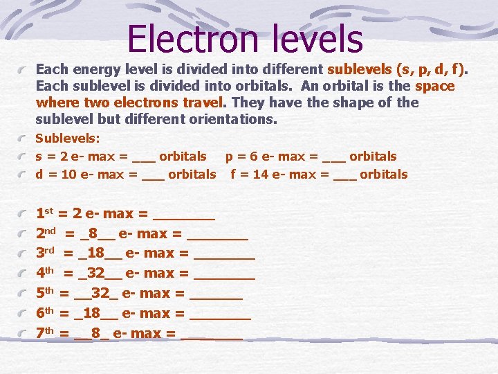 Electron levels Each energy level is divided into different sublevels (s, p, d, f).