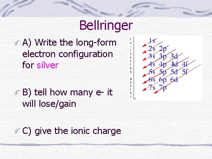 Bellringer A) Write the long-form electron configuration for silver B) tell how many e-