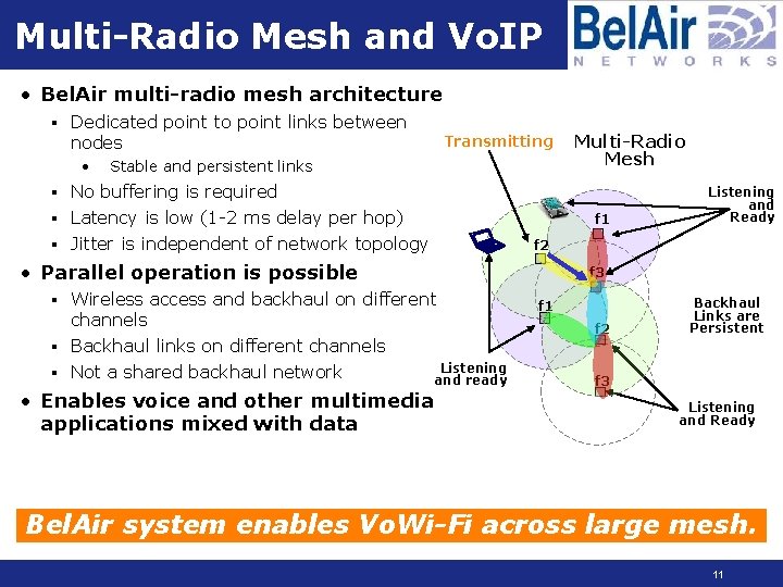 Multi-Radio Mesh and Vo. IP • Bel. Air multi-radio mesh architecture § Dedicated point