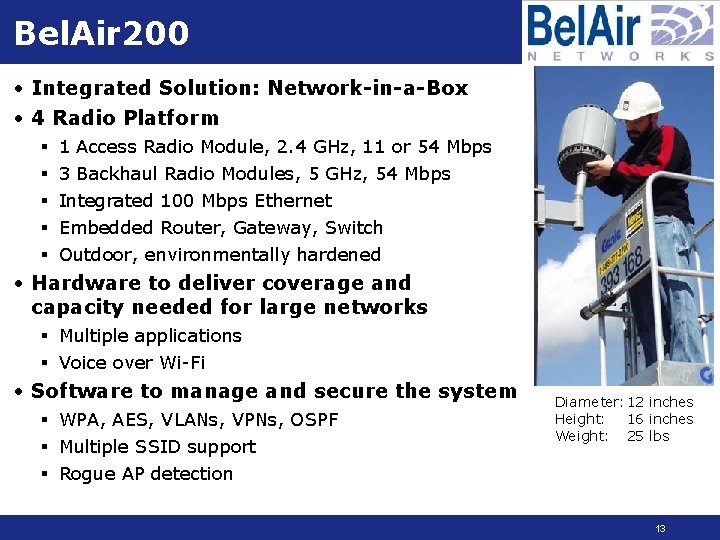 Bel. Air 200 • Integrated Solution: Network-in-a-Box • 4 Radio Platform § 1 Access