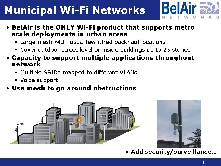 Municipal Wi-Fi Networks • Bel. Air is the ONLY Wi-Fi product that supports metro