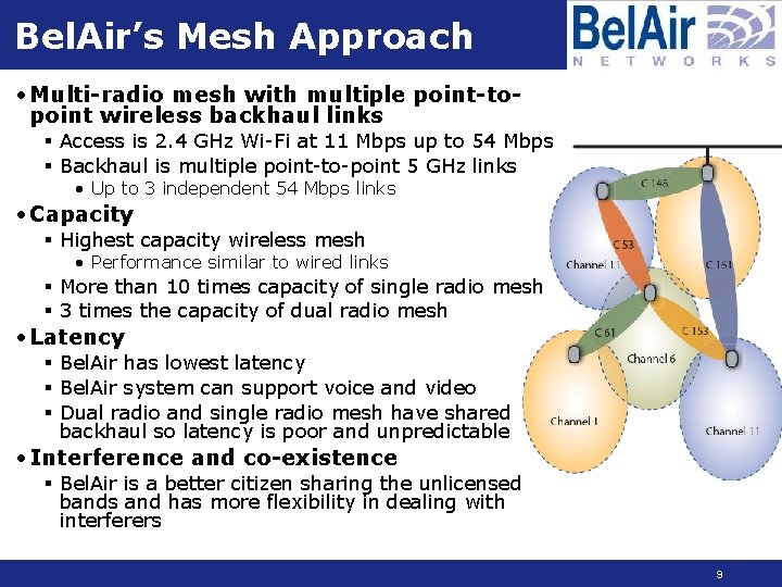 Bel. Air’s Mesh Approach • Multi-radio mesh with multiple point-topoint wireless backhaul links §